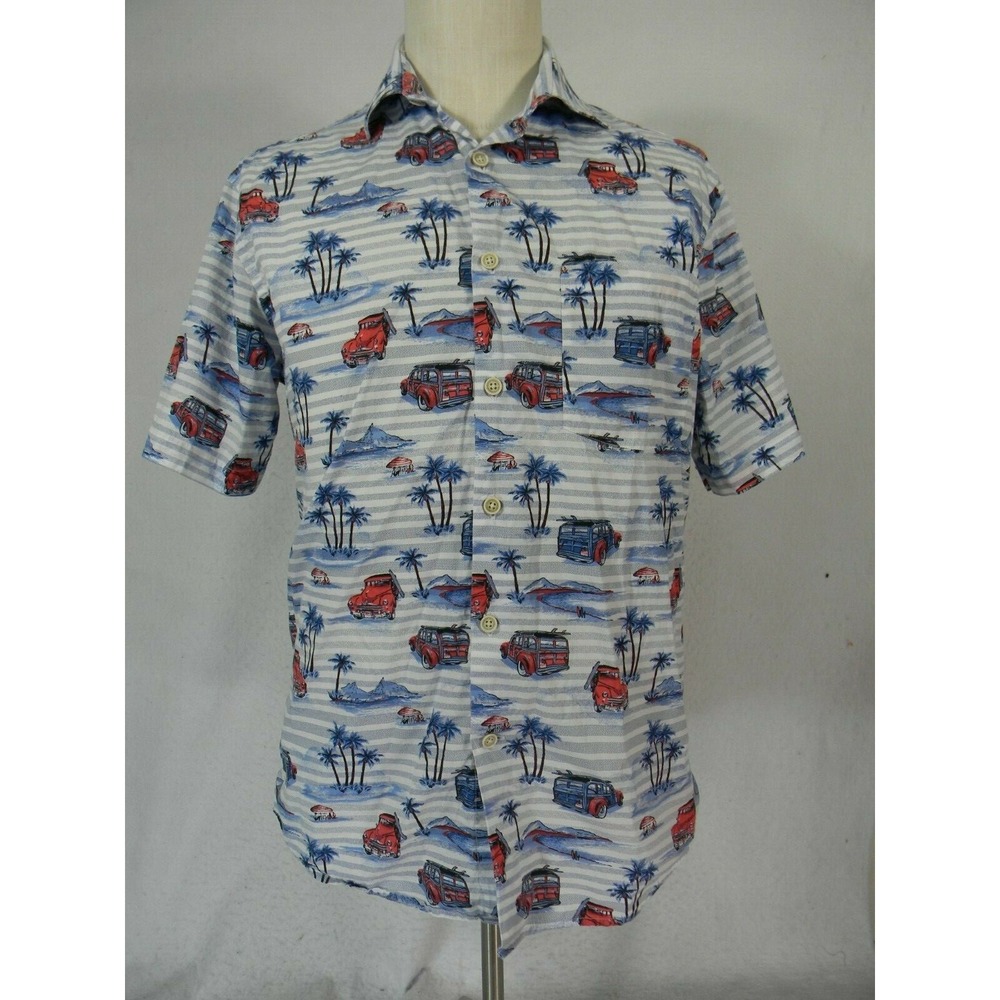 Alex Cannon Shirt Mens Medium White Blue Hawaiian Tiki Lounge Woody Surfing